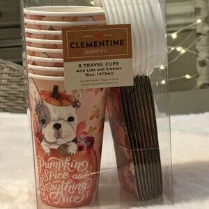 French Bulldog Clementine 8 Travel Cups w/‎ Lids & Sleeves 16oz Holiday NEW
